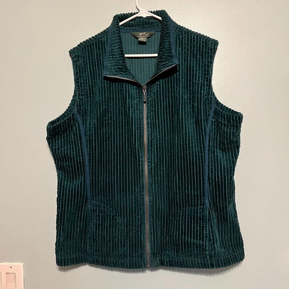 Woolrich Women's 2XL Ribbed Full Zip Sweater Vest Cotton Green Pockets Corduroy - Picture 1 of 9